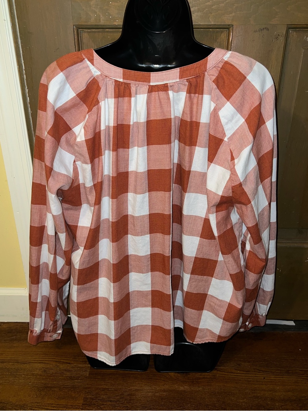 Duluth Peasant Blouse Rust & White Gingham Button Front Long Sleeve Top Size S - Picture 5 of 9